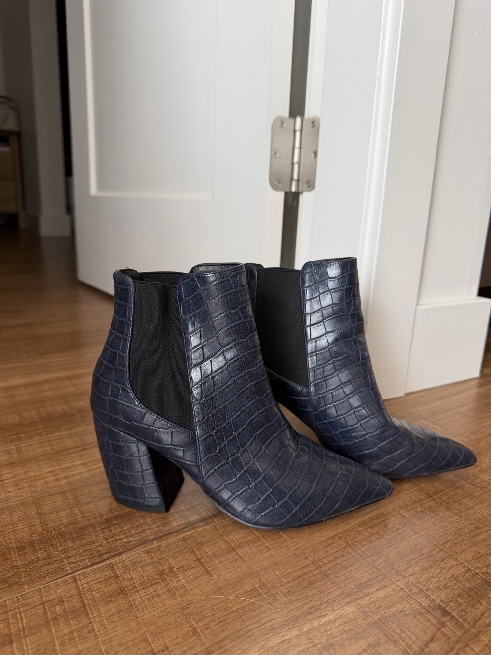 Call It Spring Navy Croc-Embossed Pointed Chelsea Booties